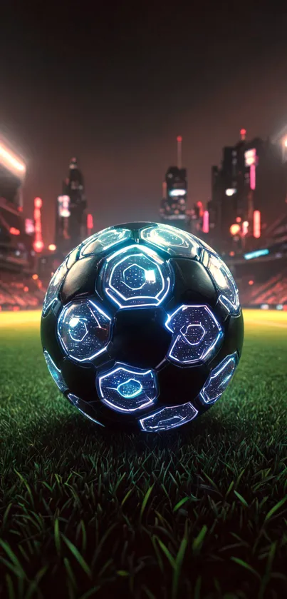 Futuristic soccer ball glowing on grassy field surrounded by city lights.