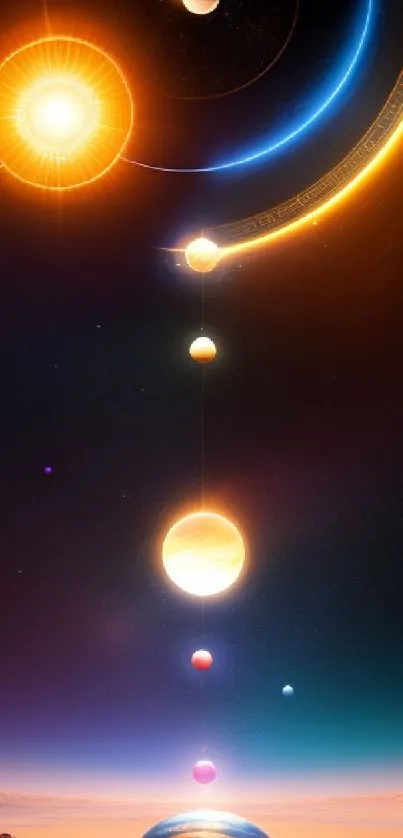 Futuristic mobile wallpaper with solar system and vibrant cosmic design.