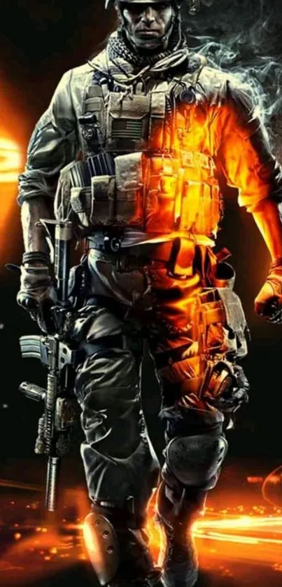 Futuristic soldier in fiery tones mobile wallpaper.