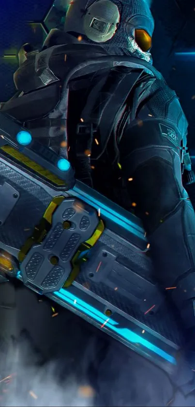 Futuristic soldier with cyber gear in neon blue ambiance.