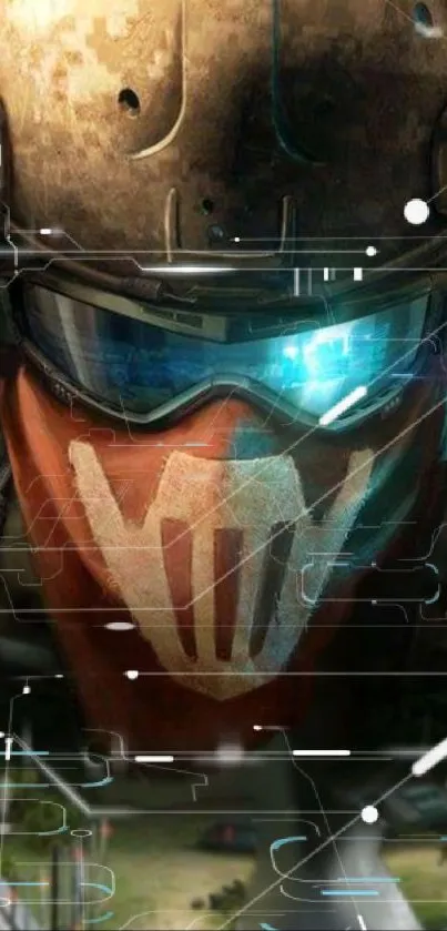 Futuristic soldier wallpaper with helmet and electronic details.