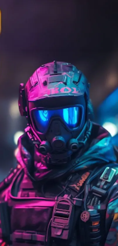 Futuristic soldier in cyberpunk armor with vibrant neon blue colors.