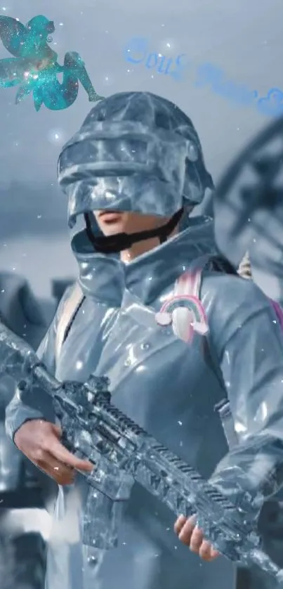 Futuristic soldier in icy armor with a fantasy theme.