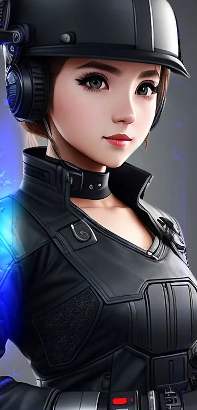 Futuristic anime-style female soldier in sleek armor with helmet and tech gear.