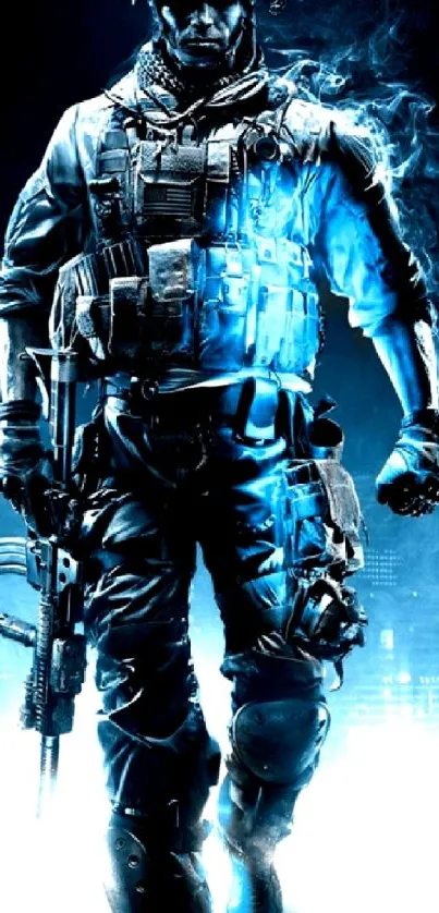 Futuristic soldier in blue neon action scene.