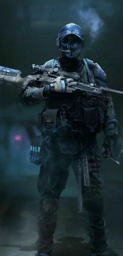 Futuristic soldier in tactical gear with a dark, mysterious background.