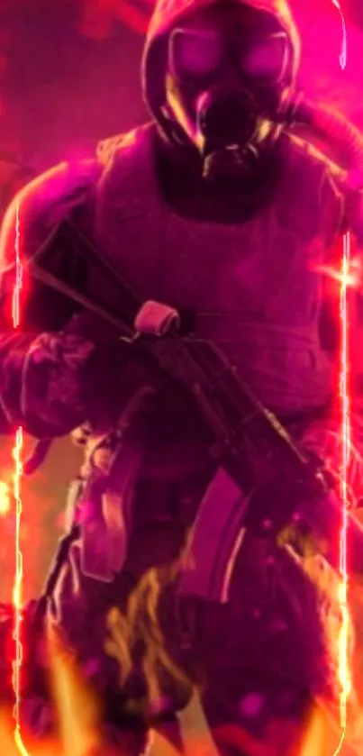 Futuristic soldier in neon flames wallpaper.