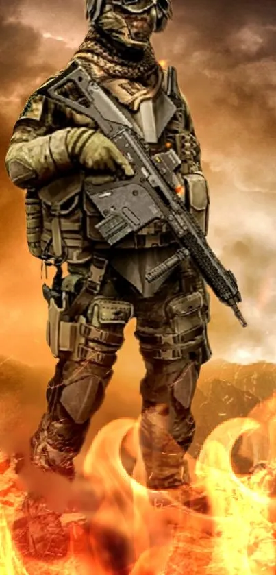 Futuristic soldier in flames mobile wallpaper, fiery and dynamic design.