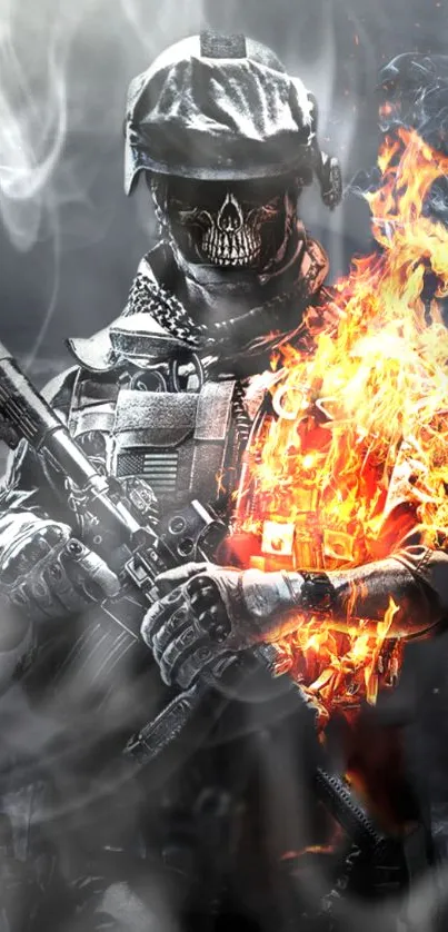 Futuristic soldier with flaming armor. Black background.