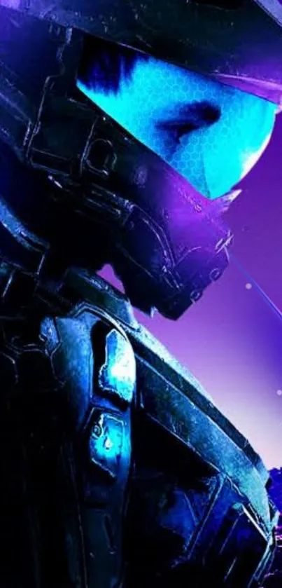 Futuristic soldier with neon blue and purple hues on a mobile wallpaper.