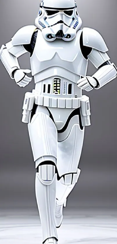 Futuristic soldier in iconic white armor on mobile wallpaper.