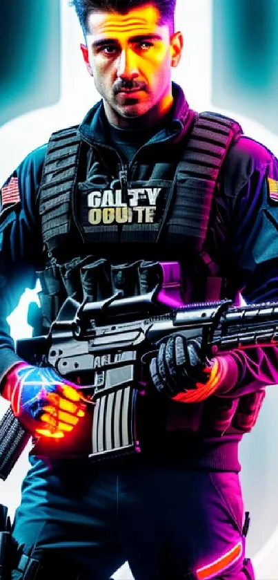 Futuristic soldier with neon accents and tactical gear.