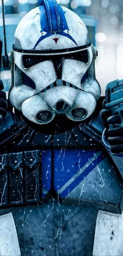 Futuristic soldier in blue and white armor on a mobile wallpaper.