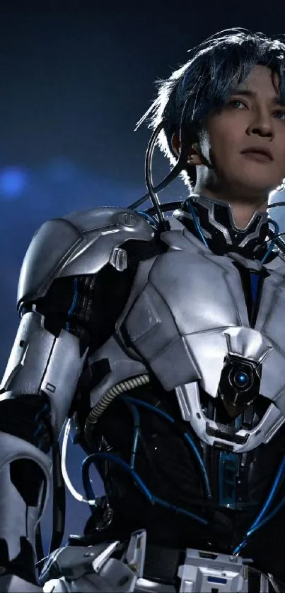 Futuristic soldier in metallic armor on a dark sci-fi themed mobile wallpaper.