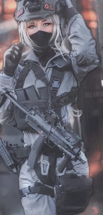 Futuristic soldier in tactical gear, dynamic mobile wallpaper.