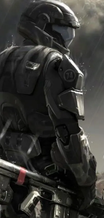 Futuristic soldier standing in stormy landscape.