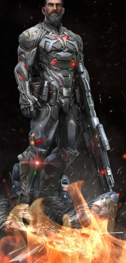 Futuristic armored soldier with glowing accents on a mobile wallpaper.