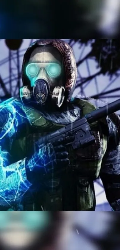 Futuristic soldier with electric blue energy on a mobile wallpaper.