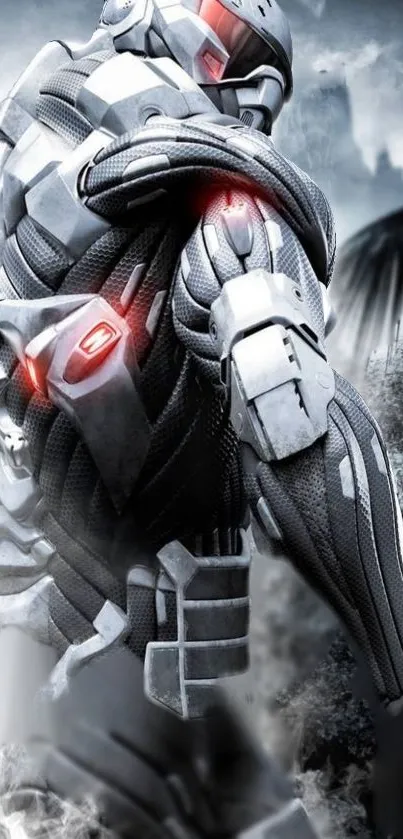 Futuristic soldier in advanced armor with red accents on mobile wallpaper.