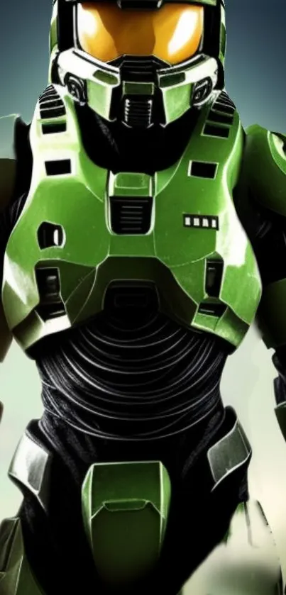 Futuristic green-armored soldier wallpaper design.