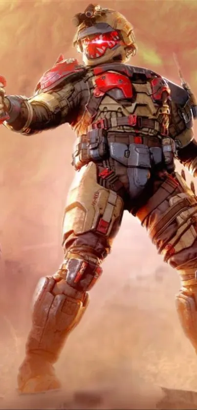 Futuristic soldier in action with high-tech armor and red visor in beige tones.