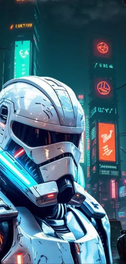 Futuristic soldier in neon-lit city with vibrant night skyline.