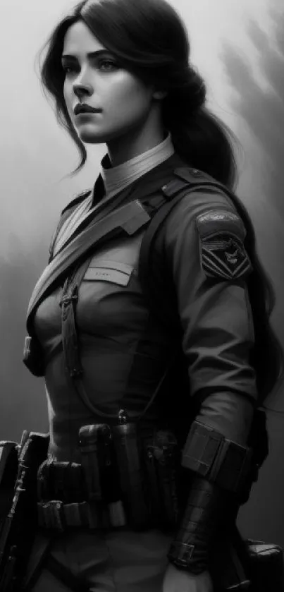 Grayscale illustration of a futuristic soldier with long hair in uniform.