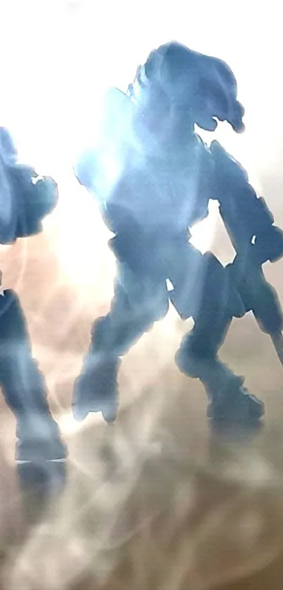 Futuristic soldier silhouettes with smoky effects on mobile wallpaper.