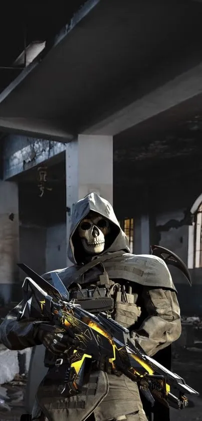 Futuristic soldier with skeleton mask in abandoned building backdrop wallpaper.