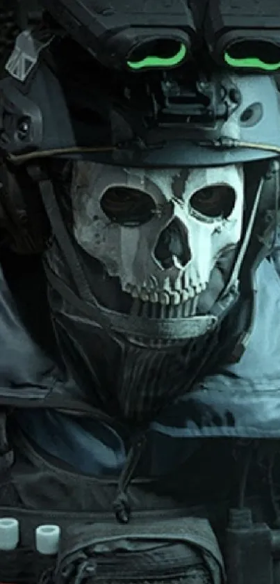 Futuristic soldier with skull mask in tactical gear on a dark background.