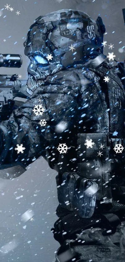 Futuristic soldier sniper in snowy battle scene.