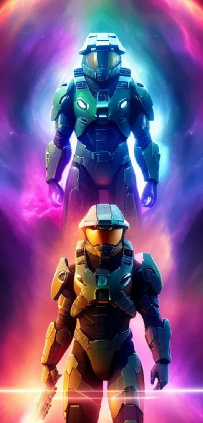 Futuristic soldiers in vibrant cosmic space art.