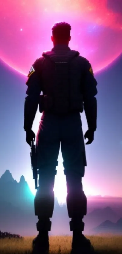 Silhouette of a soldier under a neon pink moon with mountains in the background.