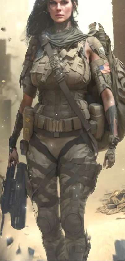 Futuristic female soldier in a dystopian setting with detailed armor and battle gear.