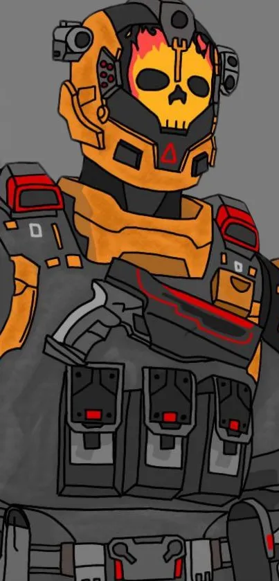 Futuristic soldier with orange armor and a skull helmet on a mobile wallpaper.