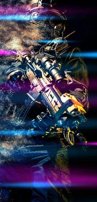 Futuristic soldier in dark armor with a burst effect in a mobile wallpaper.