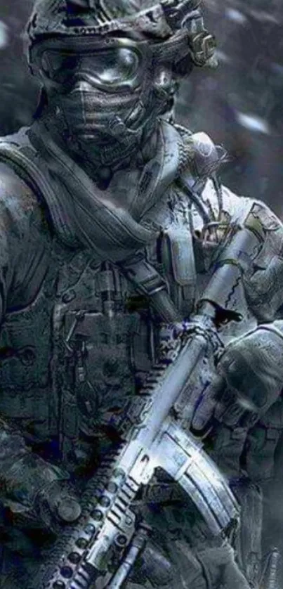 Futuristic soldier in combat gear in gray tones.