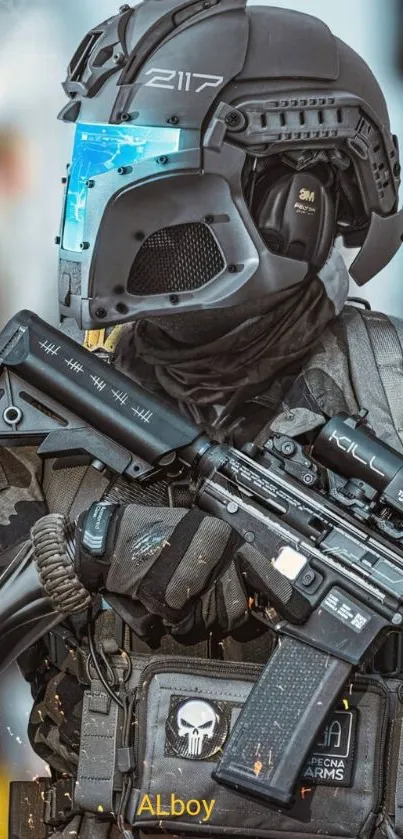 Futuristic soldier with advanced armor and weapon in high detail image.