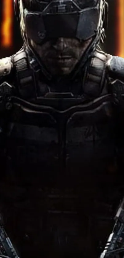 Futuristic soldier in dark armor with glowing background.