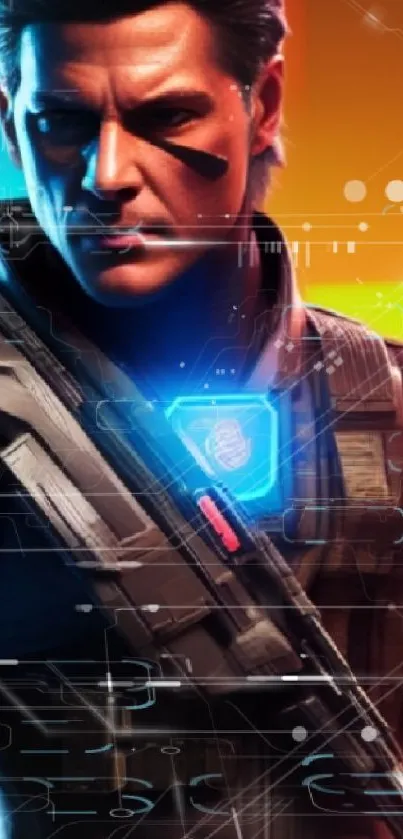 Futuristic soldier with neon background in vibrant orange and blue hues.