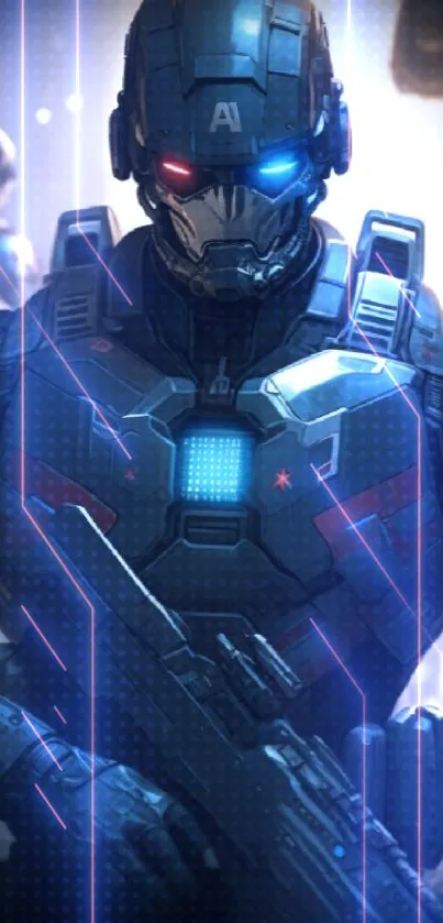 Futuristic soldier in high-tech armor with sci-fi setting in the background.