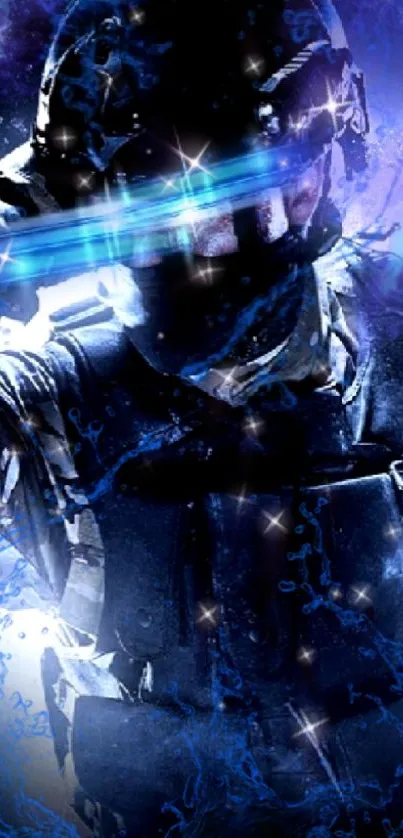 Futuristic soldier with neon visor on blue cosmic background.