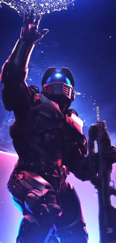 Futuristic soldier with neon colors in a cosmic background.