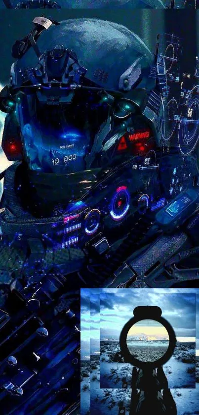 Futuristic soldier in blue cyberpunk helmet and armor.