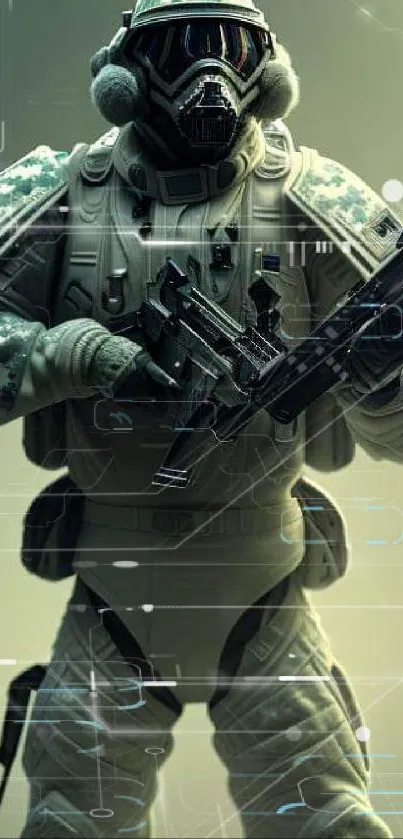 Futuristic soldier in armor holding advanced weaponry.