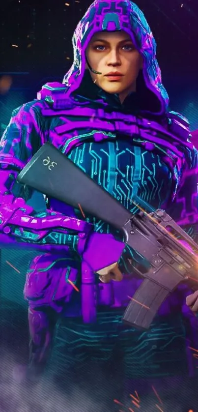 Futuristic soldier in purple gear with a rifle, set against a vibrant background.