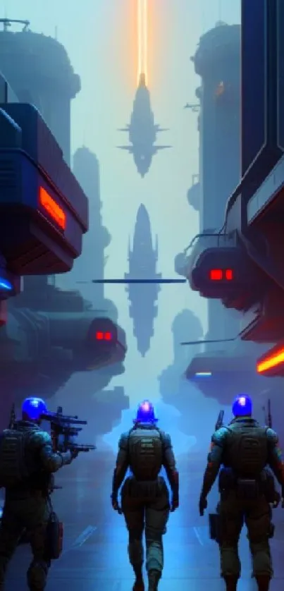 Futuristic soldiers exploring a neon-lit sci-fi cityscape.