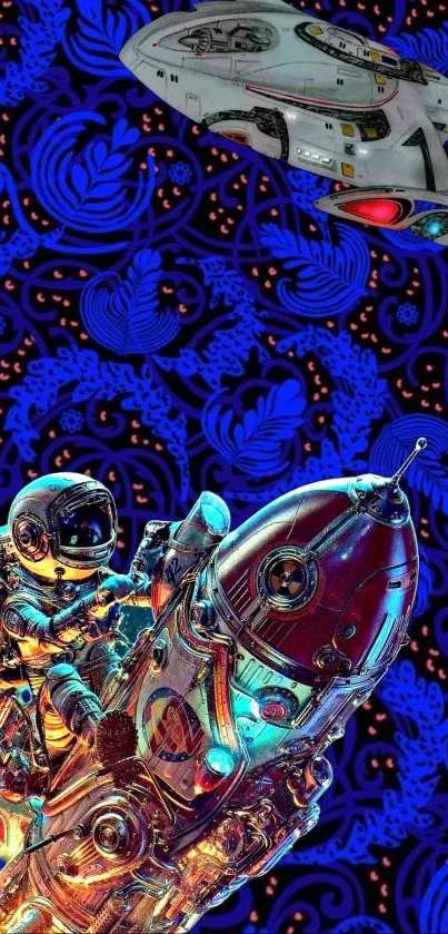 Astronaut on rocket with futuristic blue space background.