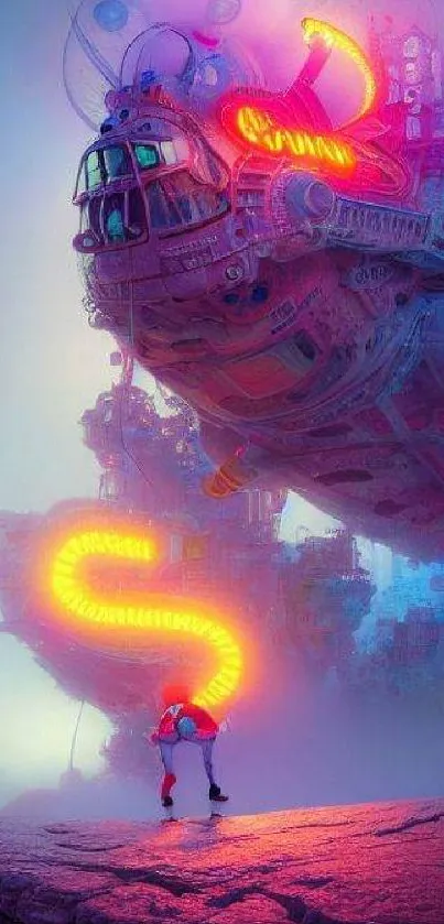 Futuristic neon spaceship hovering over a lone figure on a cliff.