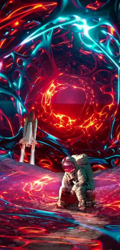 Astronaut in a neon-lit futuristic space scene with vivid colors.